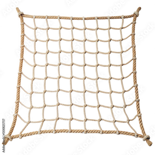 A rectangular net made of thick rope, featuring a grid pattern with knots at each intersection, designed for strength and support.