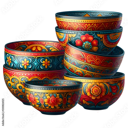 Colorful Decorative Bowls for Cinco de Mayo – Festive Illustration isolated on transparent background