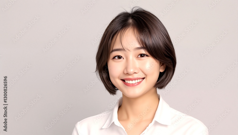 A cropped portrait of an asian woman with short hair and bangs, wearing a white collared shirt. A cropped portrait of an asian woman with short hair and bangs, wearing a white collared shirt.