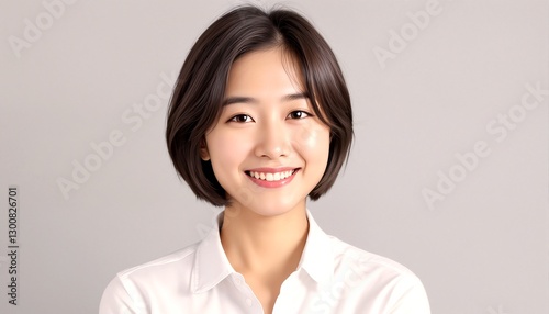 A young woman with short dark hair and a white button-down shirt smiles at the camera.