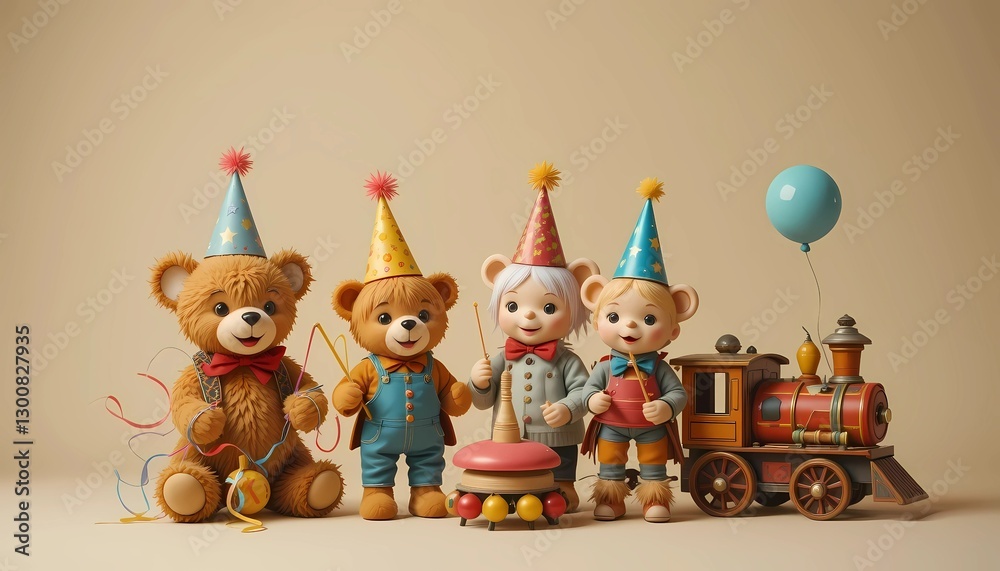 Obraz premium Four adorable teddy bears in party hats celebrate with a vintage train.