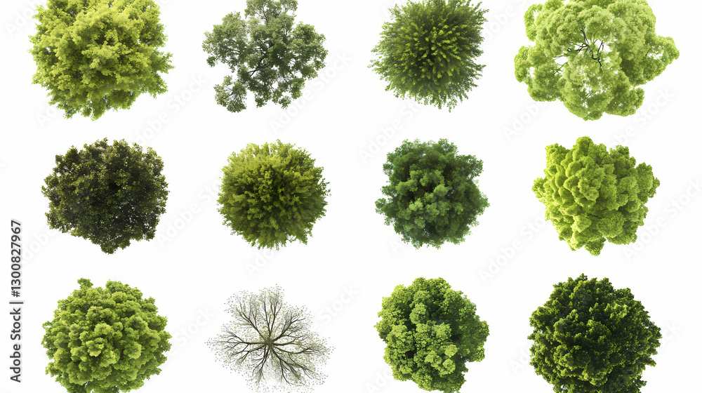 shots of varied tree species, lush green treetops, detailed foliage textures, circular canopy shapes, botanical diversity showcase, crisp white isolation background. Isolation - Cave. Illustration shots of varied tree species, lush green treetops, detailed foliage textures, circular canopy shapes, botanical diversity showcase, crisp white isolation background. Isolation - Cave. Illustration