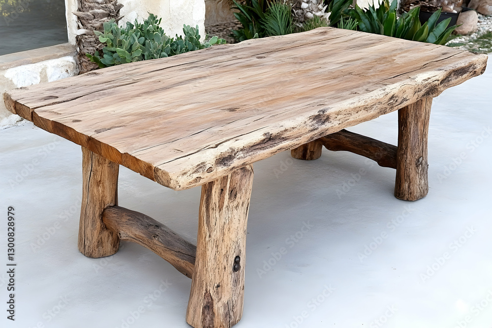 Rustic wood table, outdoor patio