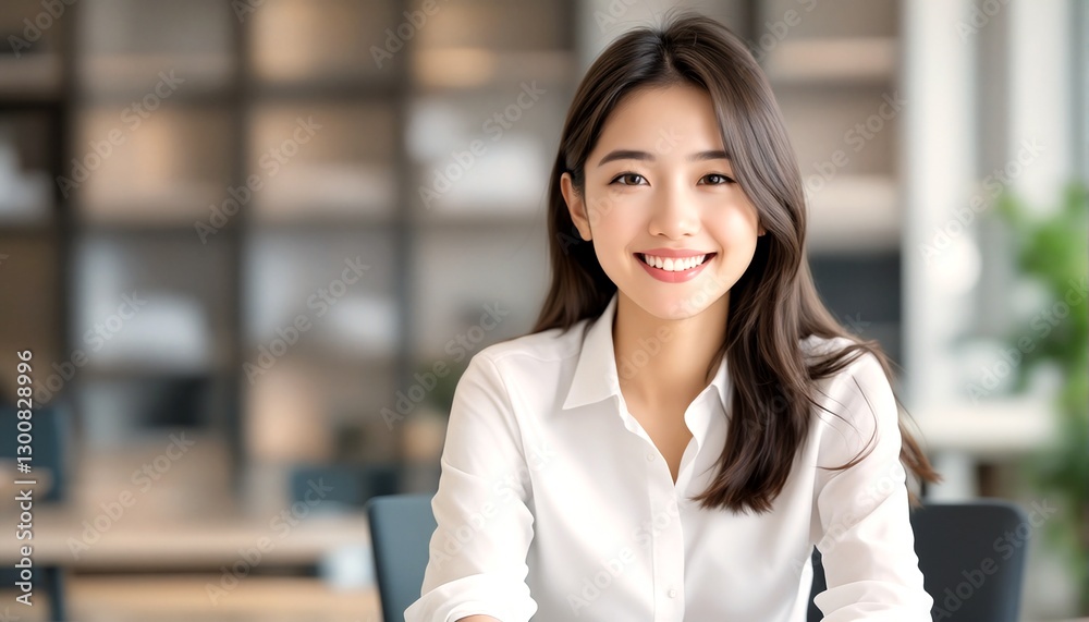 Asian Businesswoman Smiling at Camera in Office Setting. Asian Businesswoman Smiling at Camera in Office Setting.