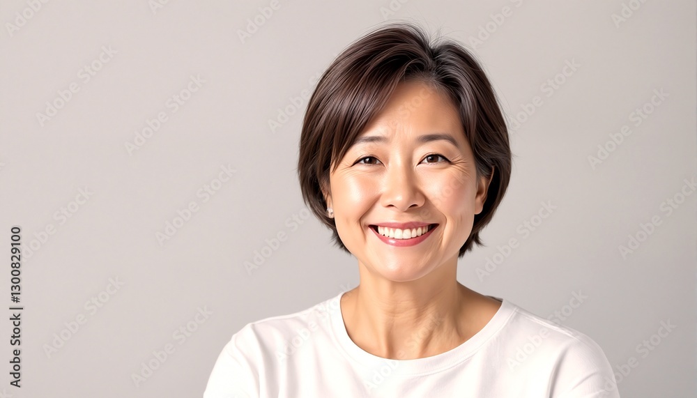 A studio portrait of a middle-aged Asian woman. A studio portrait of a middle-aged Asian woman.