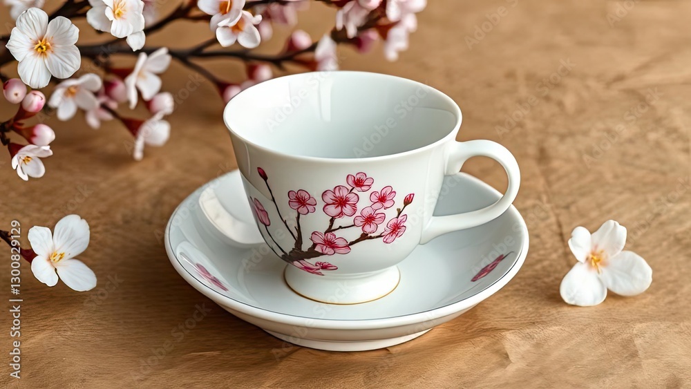 Teacup and Saucer with Cherry Blossom Design Springtime Floral Tea Set