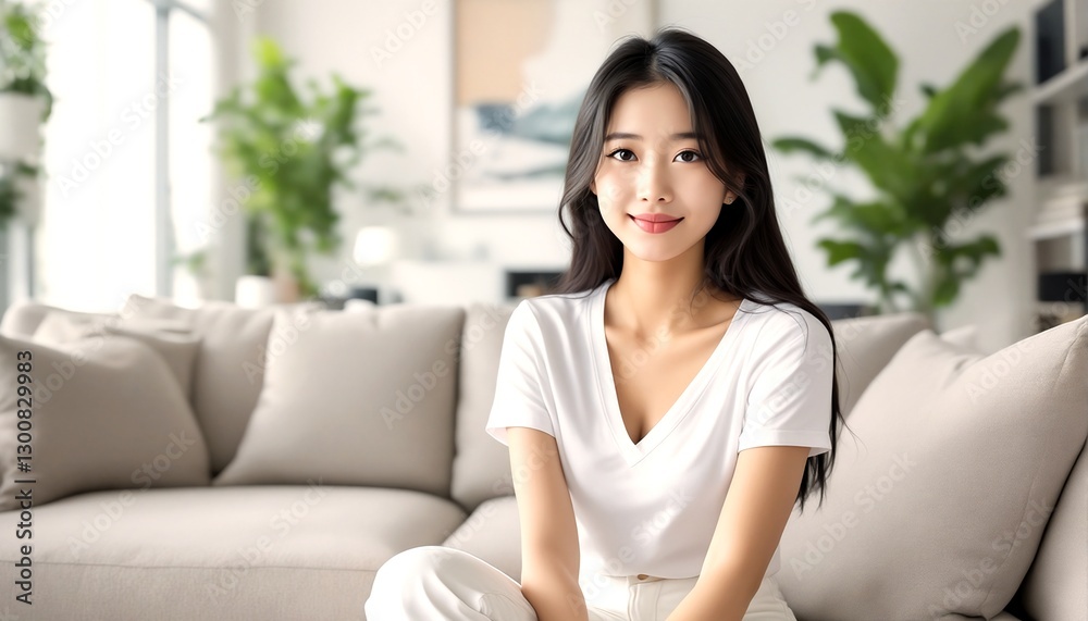 A young woman with long dark hair wearing a white shirt sitting on a couch. A young woman with long dark hair wearing a white shirt sitting on a couch.