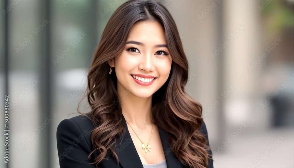 A young Asian woman with long brown hair and a black blazer smiles at the camera. A young Asian woman with long brown hair and a black blazer smiles at the camera.