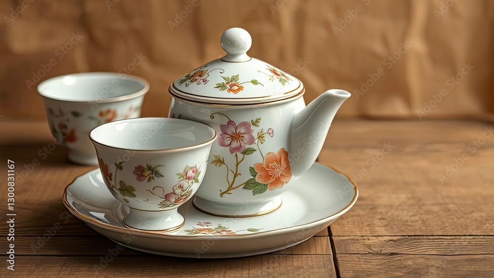 Elegant Floral Tea Set Porcelain Teapot Cups Saucer on Wooden Table Elegant Floral Tea Set Porcelain Teapot Cups Saucer on Wooden Table