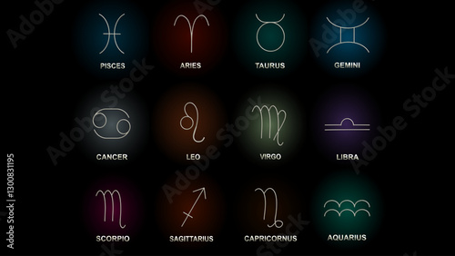 Elegant zodiac signs set with glowing gradient backgrounds. A modern astrology-themed design featuring all twelve horoscope symbols, perfect for mystic, celestial, and astrological projects.