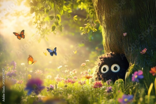 Adorable fluffy creature peeking out from a tree hole in a magical sunlit meadow, surrounded by colorful butterflies and blooming flowers photo