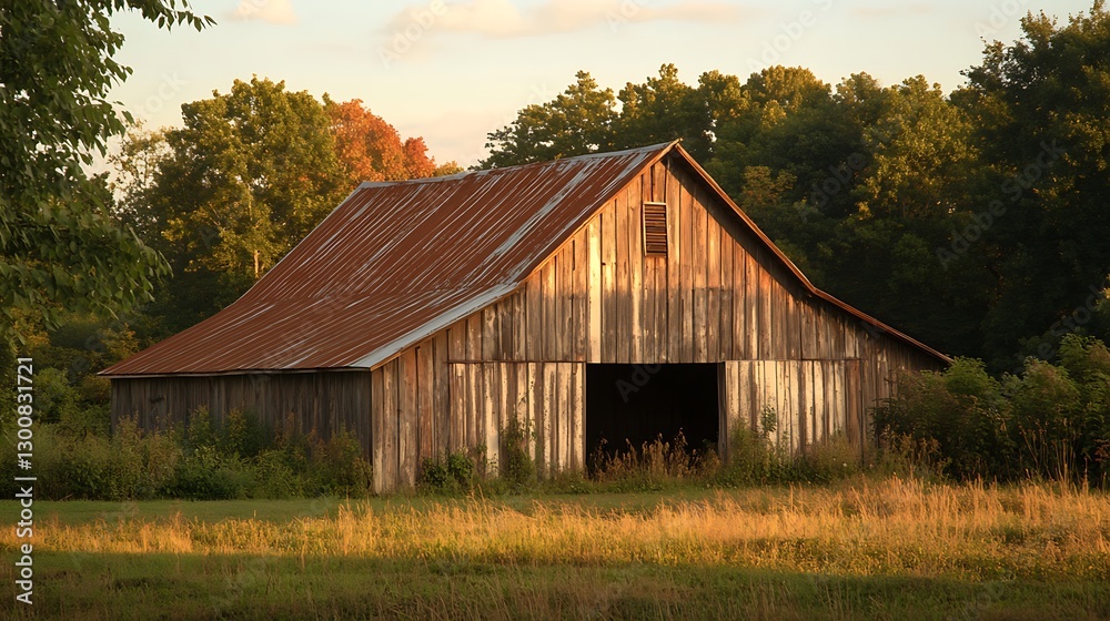 Old Wooden Barn in Field During Golden Hour with Trees Old Wooden Barn in Field During Golden Hour with Trees