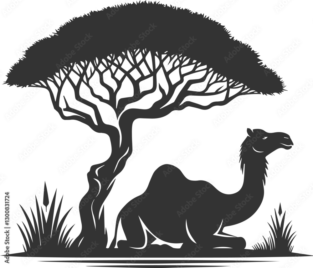 Fototapeta premium Camel sitting in the shade of a tree animal vector silhouette