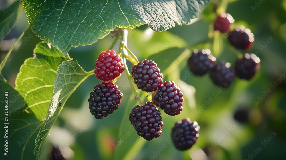 Branch mulberries small dark purple to red fruits surrounded by large green leaves sunlight casting shadows and enhancing the color close up with detailed focus on the texture defocused background Branch mulberries small dark purple to red fruits surrounded by large green leaves sunlight casting shadows and enhancing the color close up with detailed focus on the texture defocused background