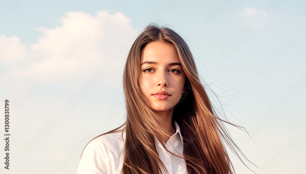 Young woman with long hair and wearing a white shirt standing against a blue sky. Young woman with long hair and wearing a white shirt standing against a blue sky.