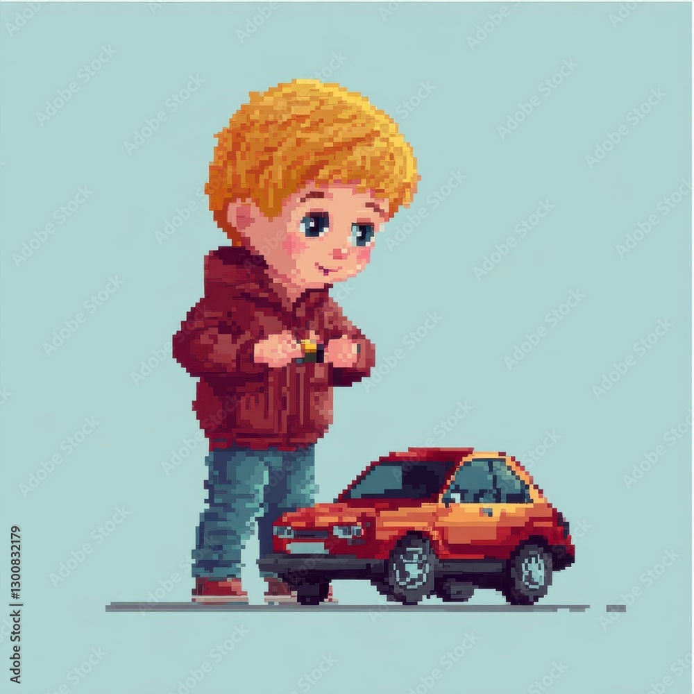 Fototapeta premium Boy with Blonde Hair and Red Toy Car