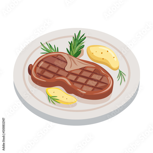 Juicy steak with grill marks and potatoes on plate