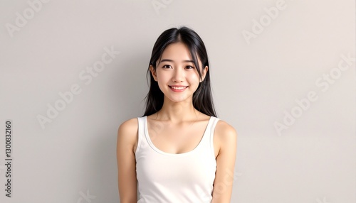 portrait of an asian woman wearing a white tank top. photo