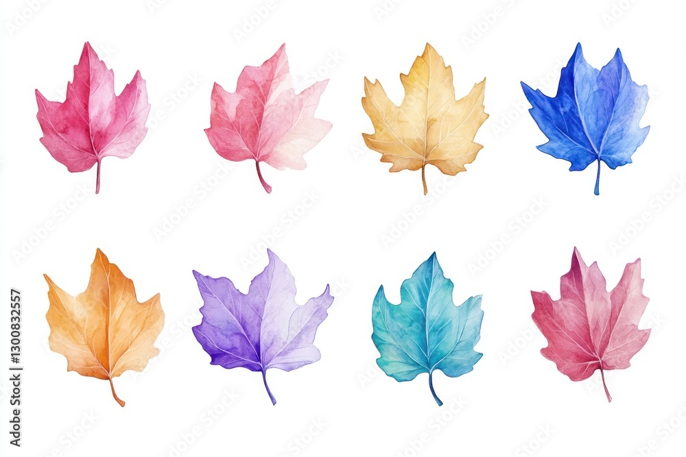 Obraz premium Eight watercolor maple leaves in various pastel colors isolated on white.