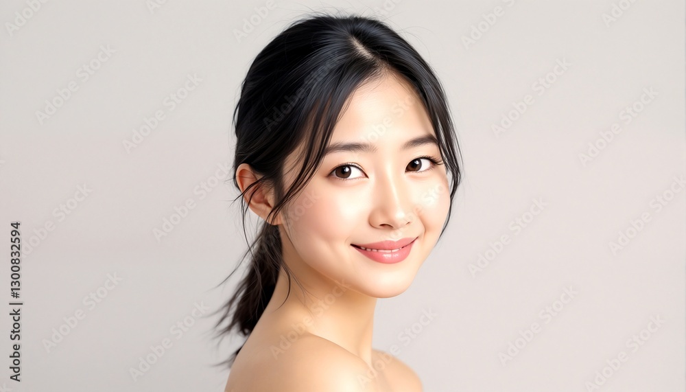 portrait of a young asian woman with bare shoulders and dark hair. portrait of a young asian woman with bare shoulders and dark hair.