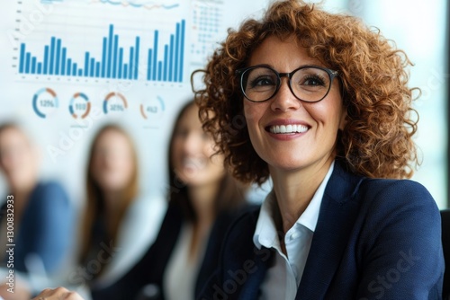 Professional Woman in Business Attire Smiling at Team Meeting With Data Charts