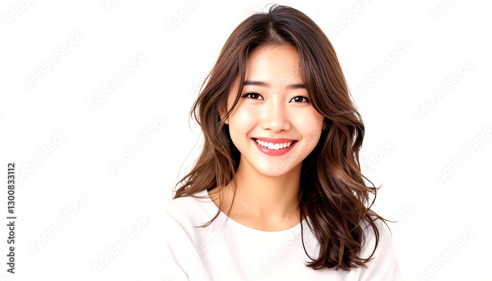 half portrait of an asian woman with long brown hair and a white shirt. half portrait of an asian woman with long brown hair and a white shirt.