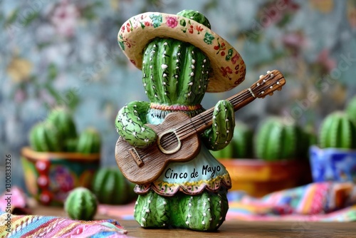 A whimsical cactus figure, adorned in a sombrero and serape, strums a guitar amidst vibrant cacti and festive décor, celebrating the spirit of Cinco de Mayo