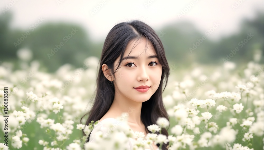 Asian Woman with Dark Hair Standing in Field of White Flowers. Asian Woman with Dark Hair Standing in Field of White Flowers.
