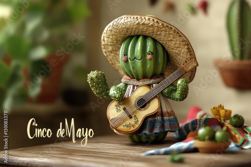 A whimsical cactus figure, adorned in a sombrero and serape, strums a guitar amidst vibrant cacti and festive décor, celebrating the spirit of Cinco de Mayo