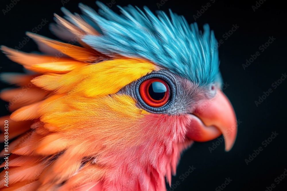 Fototapeta premium Vibrant close up of a colorful exotic bird showing detailed feathers and bright hues of blue, orange, and red against a dark background