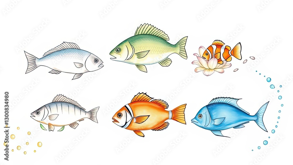 Fototapeta premium Colorful Fish Illustration Aquatic Life Marine Animals Ocean Underwater World