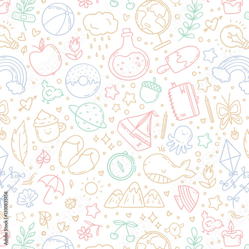 Hand drawn vector seamless pattern of summer and holiday doodle elements. Beach and warm weather related sketch objects