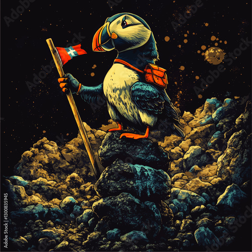 Adventure Puffin with Flag Standing on Rocky Mountain Under Starry Sky - Vector Art Illustration of Nature, Wildlife, and Cosmic Adventure in Unique Style
