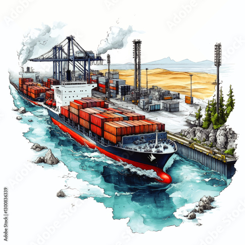 Vector Illustration of Cargo Container Ship at Industrial Port with Cranes, Storage, Sea, and Landscape - Maritime Logistics and Global Shipping Concept