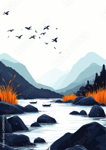 Tranquil Mountain River Landscape with Birds, Boats, and Vibrant Orange Grass - Serene Vector Art Depicting Nature's Beauty in Blue and Orange Tones