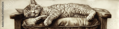 Charming Vintage Art of a Sleeping Tabby Cat on a Comfy Cushion in Rustic Wooden Chair | Detailed Animal Illustration for Relaxation and Home Decor