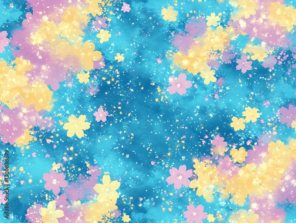 Fototapeta premium Delicate Floral Explosion: A Watercolor Harmony of Pink, Yellow, and Blue