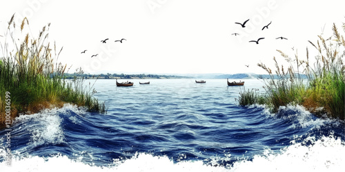 Serene Lake Scene with Viking Boats and Nature Elements - Vector Art Featuring Birds, Waves, and Grassy Shoreline for Tranquil Outdoor and Nautical Themes