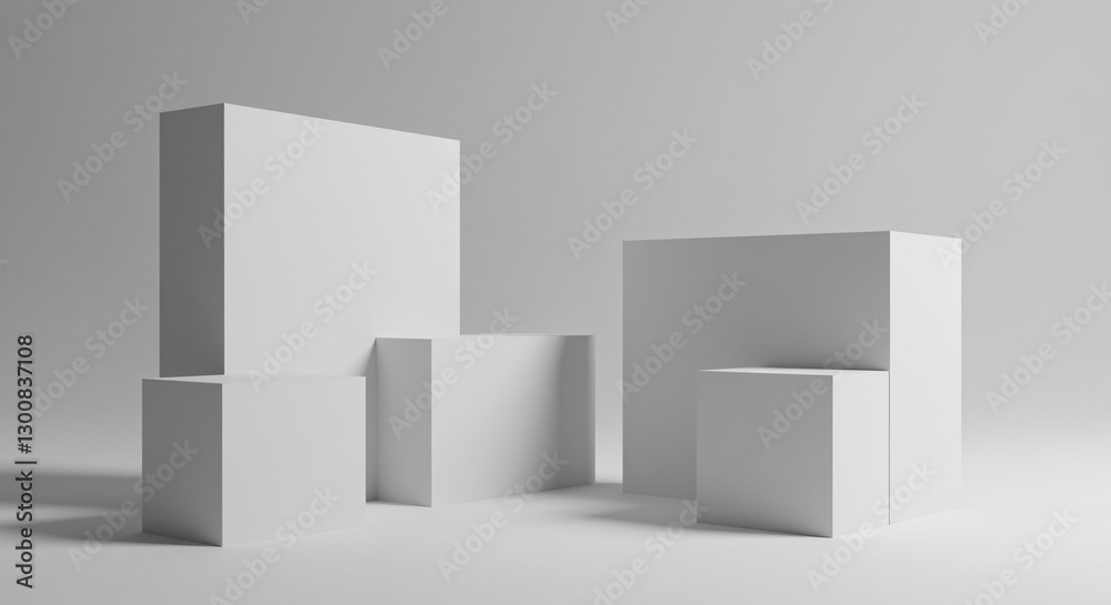 A clean, modern studio shot featuring a collection of interconnected white cubes against a plain light gray background A clean, modern studio shot featuring a collection of interconnected white cubes against a plain light gray background