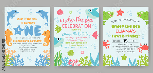 Birthday invitation card vector template. Sea birthday Party theme with fishes, crab, shell and other elements.