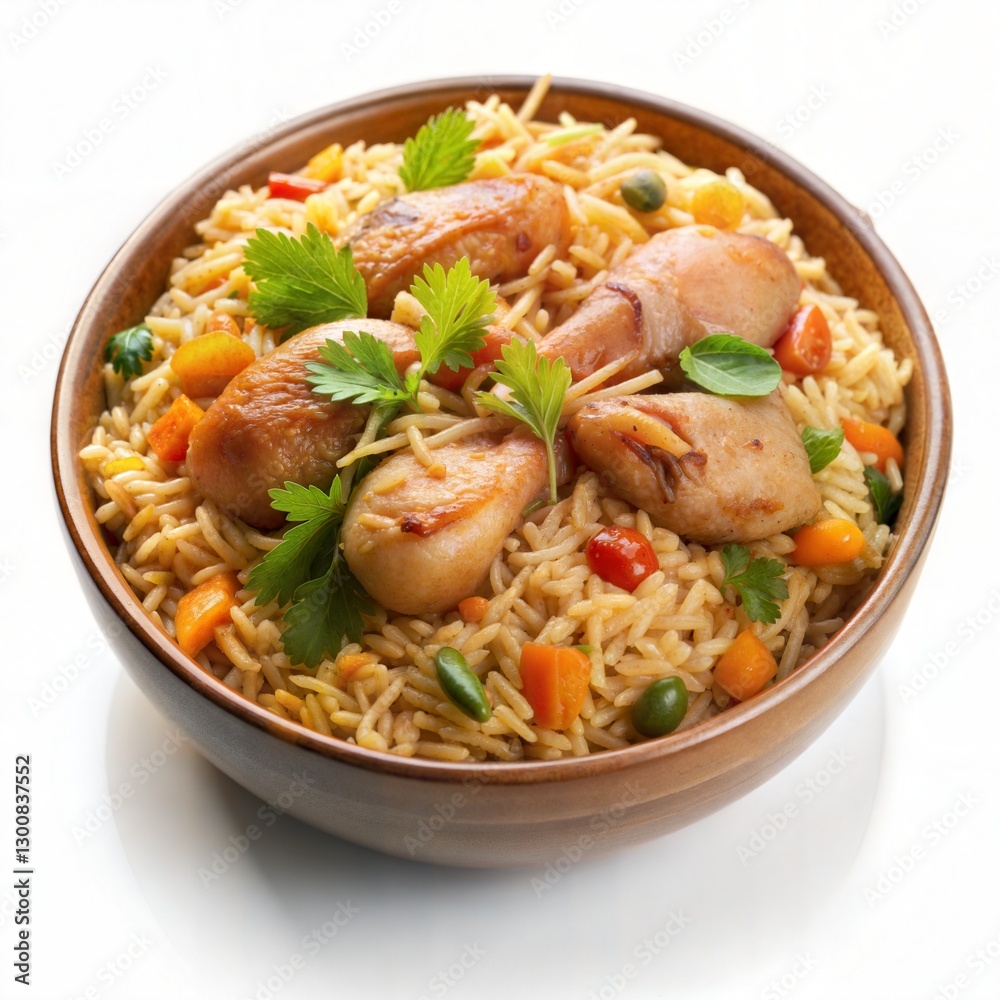 Yummy Chicken Pulao Isolated on White Background for Flavorful Indian Cuisine Yummy Chicken Pulao Isolated on White Background for Flavorful Indian Cuisine