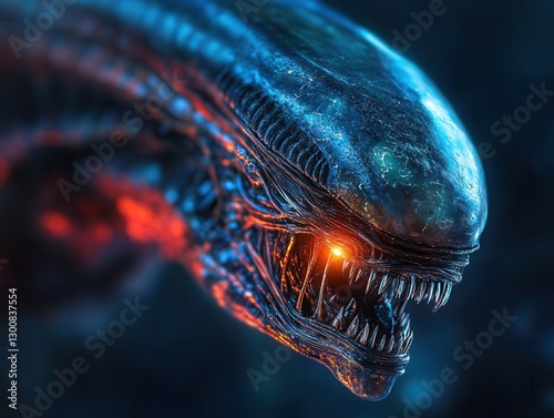 High-speed capture reveals an alien predator emerging from the shadows in a vibrant cosmic landscape. Generative AI