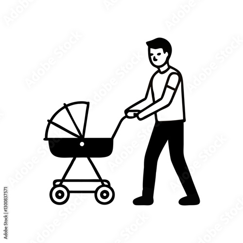 man pushing stroller with baby inside, smiling happily