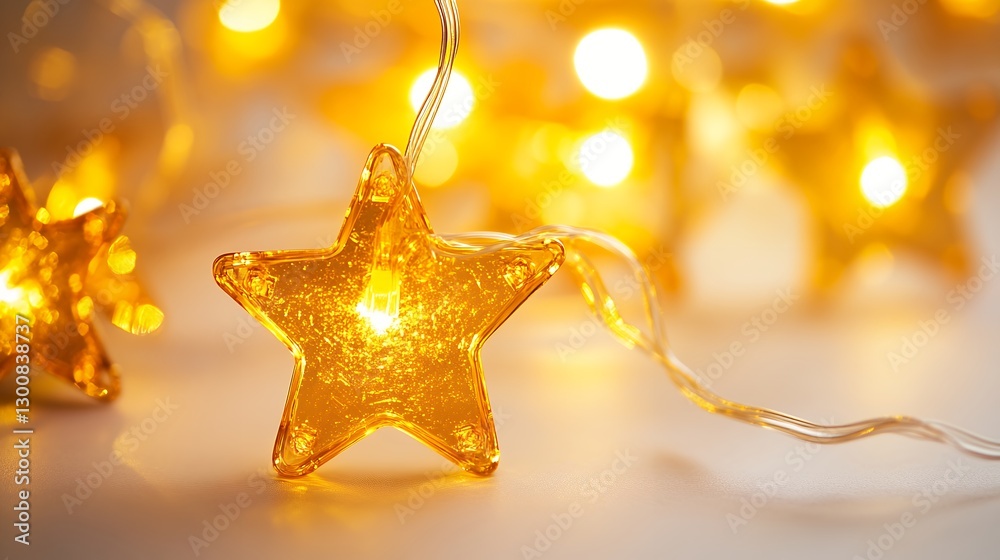 Golden Star String Lights Glowing on White Background Golden Star String Lights Glowing on White Background