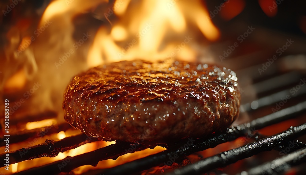 Close-Up of a Burning Hamburger on a Grill with Flames Close-Up of a Burning Hamburger on a Grill with Flames