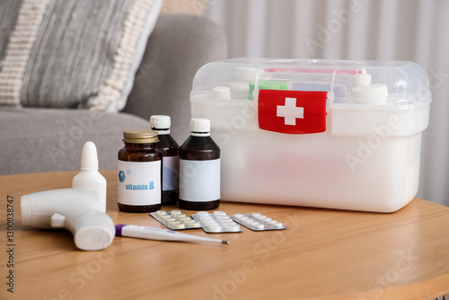 Pills, thermometers, bottle...