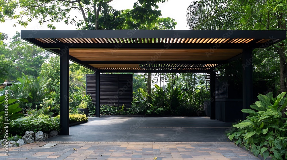 Modern Pergola Structure in Lush Green Garden Setting with Natural Light Modern Pergola Structure in Lush Green Garden Setting with Natural Light