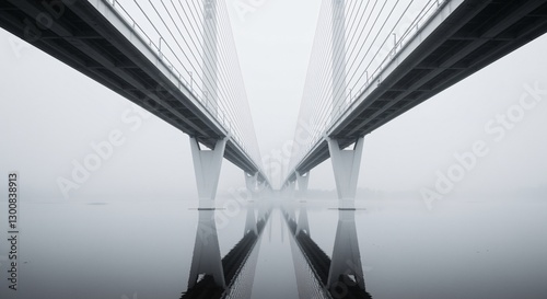 A symmetrical view of a modern cable-stayed bridge over a river shrouded in a thick, gray mist