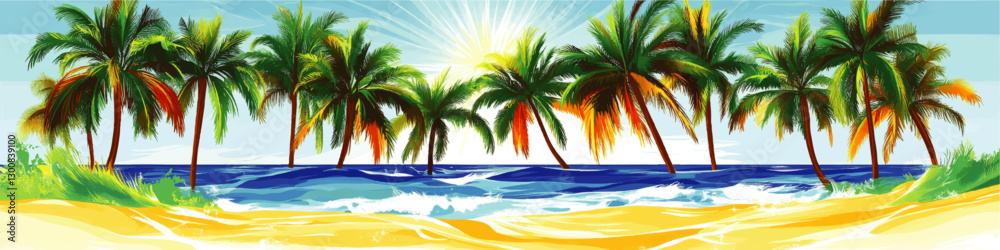Obraz premium Stunning Tropical Beach Vector Art with Palm Trees and Ocean Waves at Sunrise - Vibrant Summer Coastal Illustration for Relaxation and Travel Inspiration