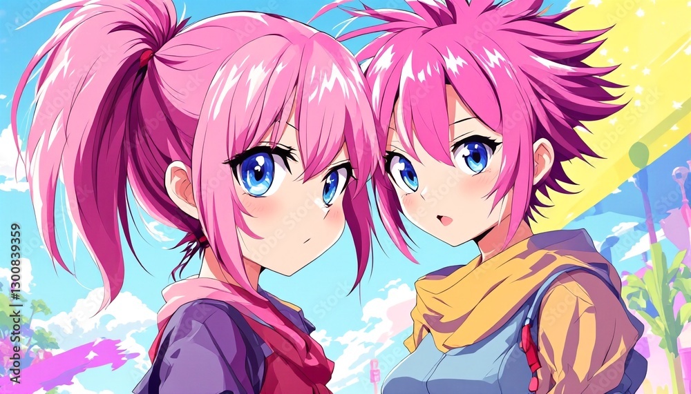 Three Anime Girls with Pink Hair and Blue Eyes Standing in Front of a Bright Sky Background. Three Anime Girls with Pink Hair and Blue Eyes Standing in Front of a Bright Sky Background.